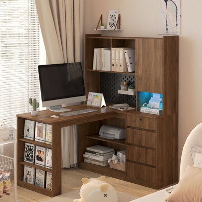 Bureau en L, bureau d'ordinateur avec tiroirs, bibliothèque avec éclairage à DEL, bureau d'angle, bureau à domicile, bureau d'écriture en L, bureau d'ordinateur de coin avec rangement