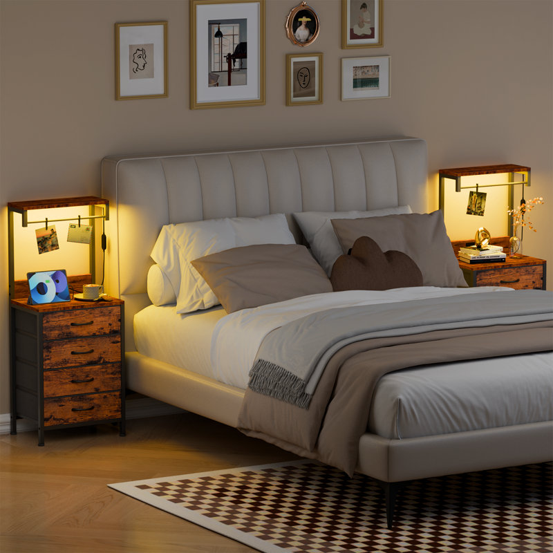 Nightstands with 4 Drawers & Outlets, Bedside Tables with 2 USB Ports & 2-Tier Open Shelf, Rustic Brown