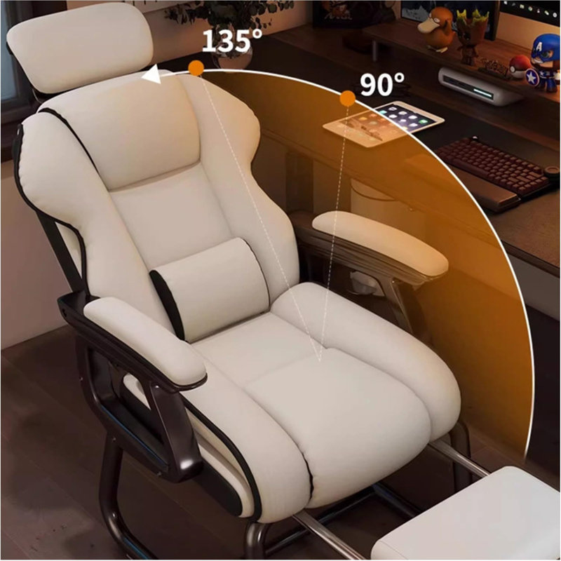 Bureau d'ordinateur de jeu avec fonction berçante Fauteuil de travail confortable à un clic inclinable Pieds en arc robustes Coussin à haute résilience et similicuir en similicuir blanc 