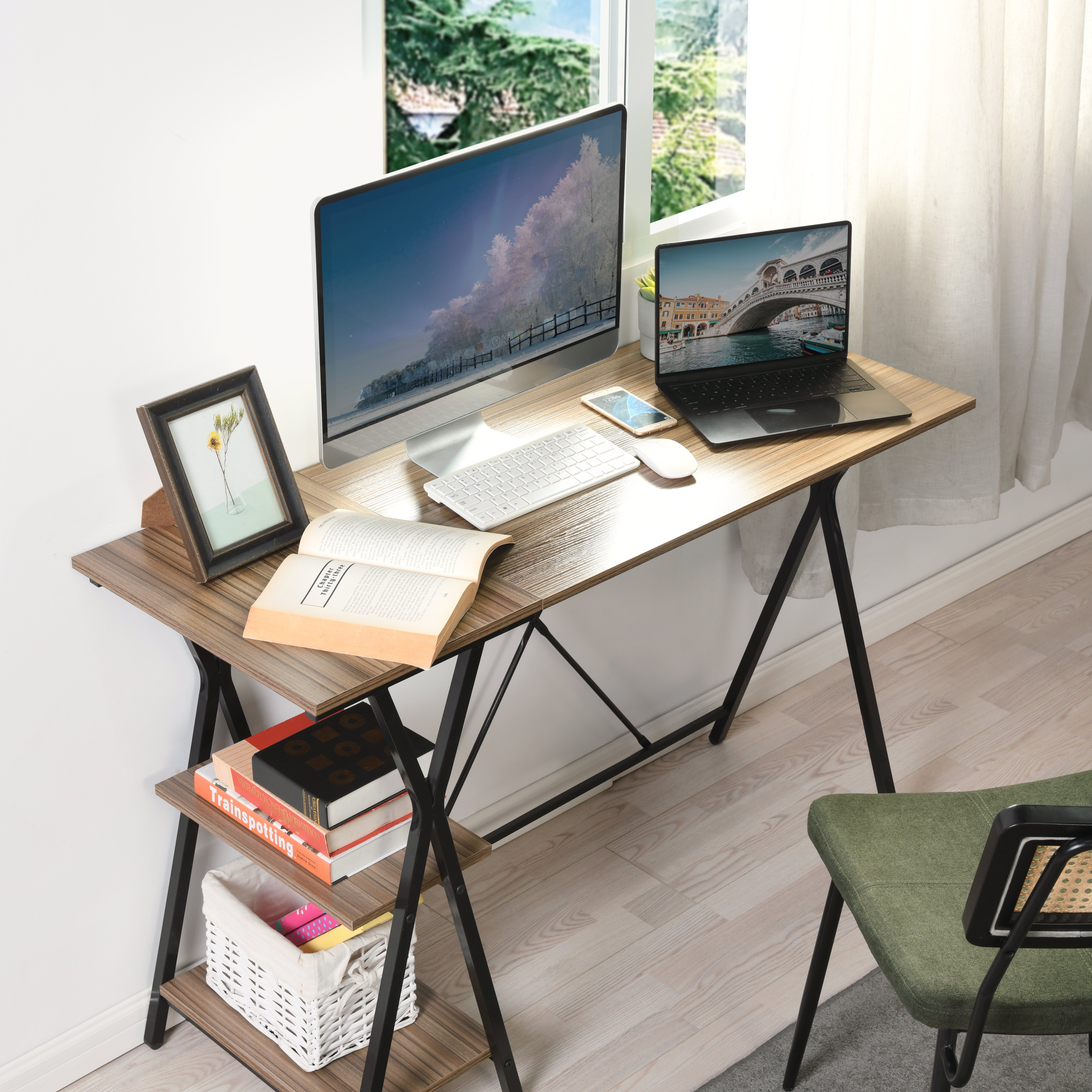 Tangkula L-shaped Office Desk, 59 Inch Large Corner Desk, Full-length Open  Shelf & 2-Tier Side Shelves, Home Office Desk, Writing Desk Computer