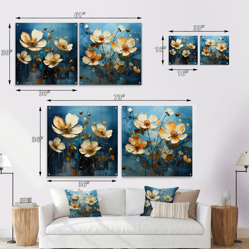 «Buttercups Are Représented Against A Backdrop» - ensemble de 2 art mural acrylique sur verre Buttercups, H 36 po x l 73 po