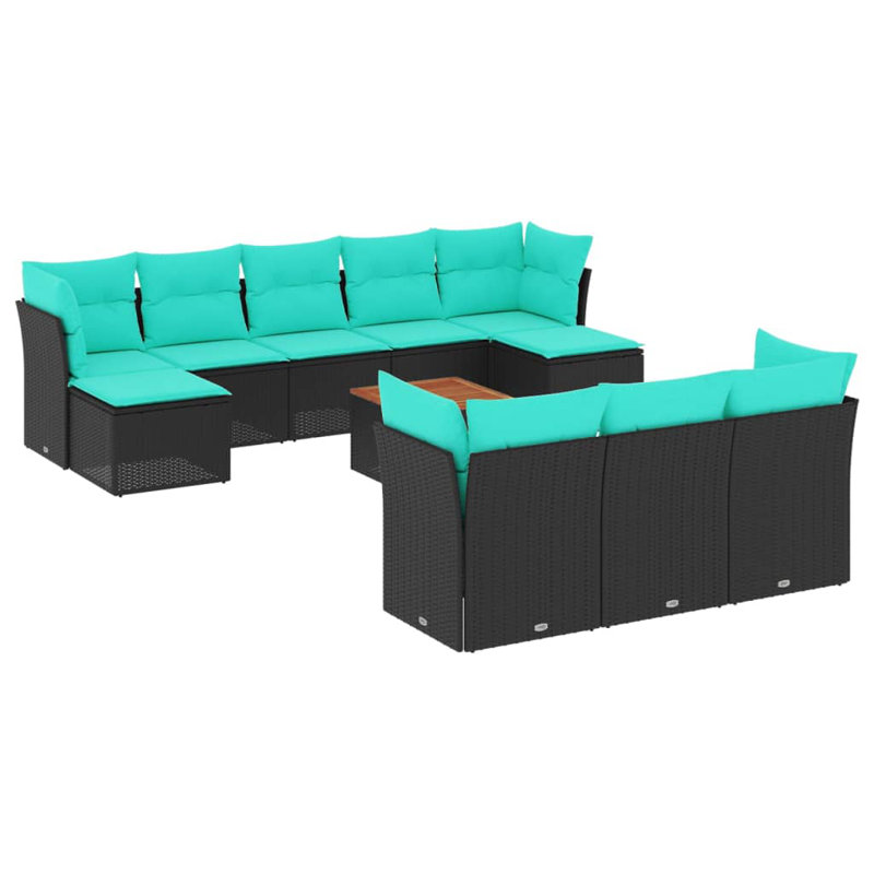 Ensemble de canapé de patio 11 pièces avec coussins en rotin de polyester, Bleu clair, Noir