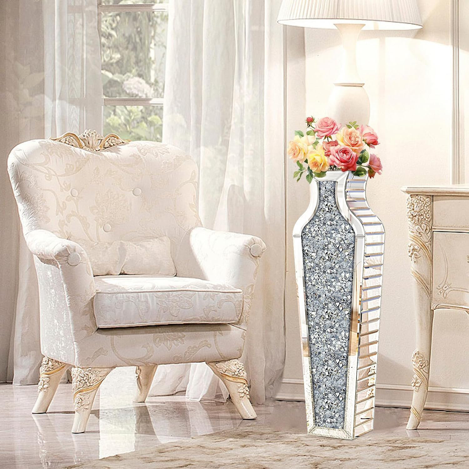 SHYFOY 30" Floor Vase Crushed Diamond Mirrored Vase Silver Tall Vases For Floor