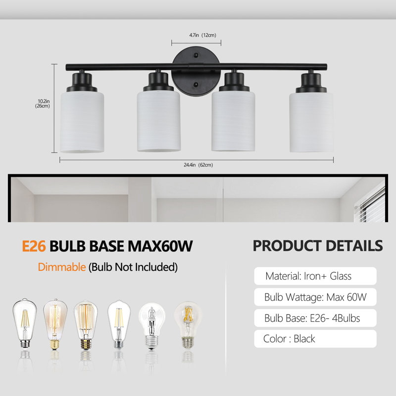 Éclairage pour meuble-lavabo de salle de bain, abat-jour en verre givré, 4 lumières, sans ampoules, noir, Noir mat