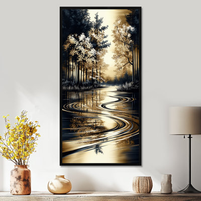 Or noir doré Tranquil Autumn Lake Reflections II - art mural encadré paisible, impressions sur toile chaleureuses