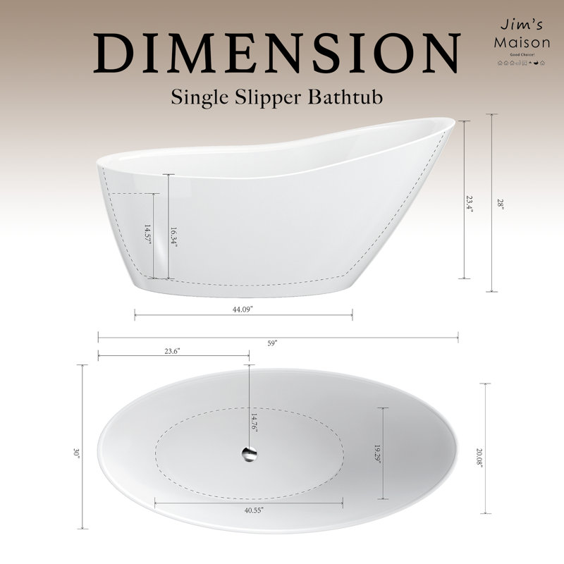 60'' White Acrylic Freestanding Slipper Soaking Bathtub