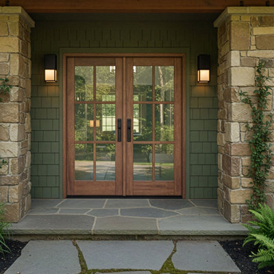 G106-SW-80 | 80" Double Door, RTA Prehung Exterior, SDL 6 Lite, Unfinished Mahogany Wood