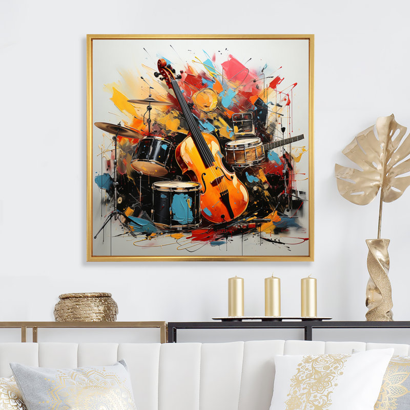 «Music Vibrant Rhythms Bold», art mural musical, Cadre flottant doré, 16" H x 16" W
