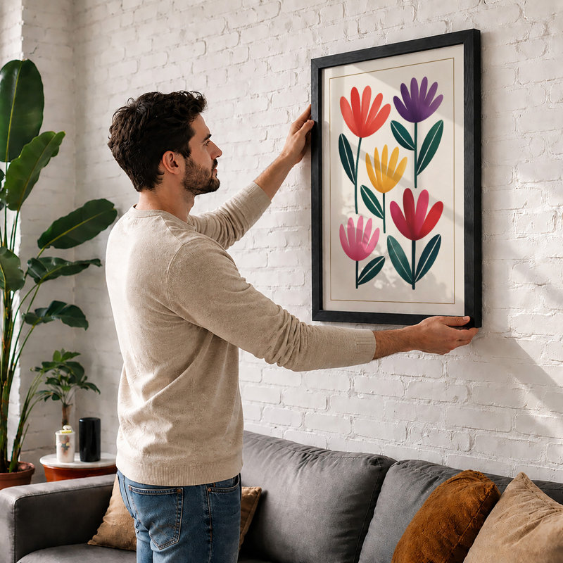Five Stylized Blooms Botanical - Framed Print, A2 - 59.4 x 42.0 cm, Oak