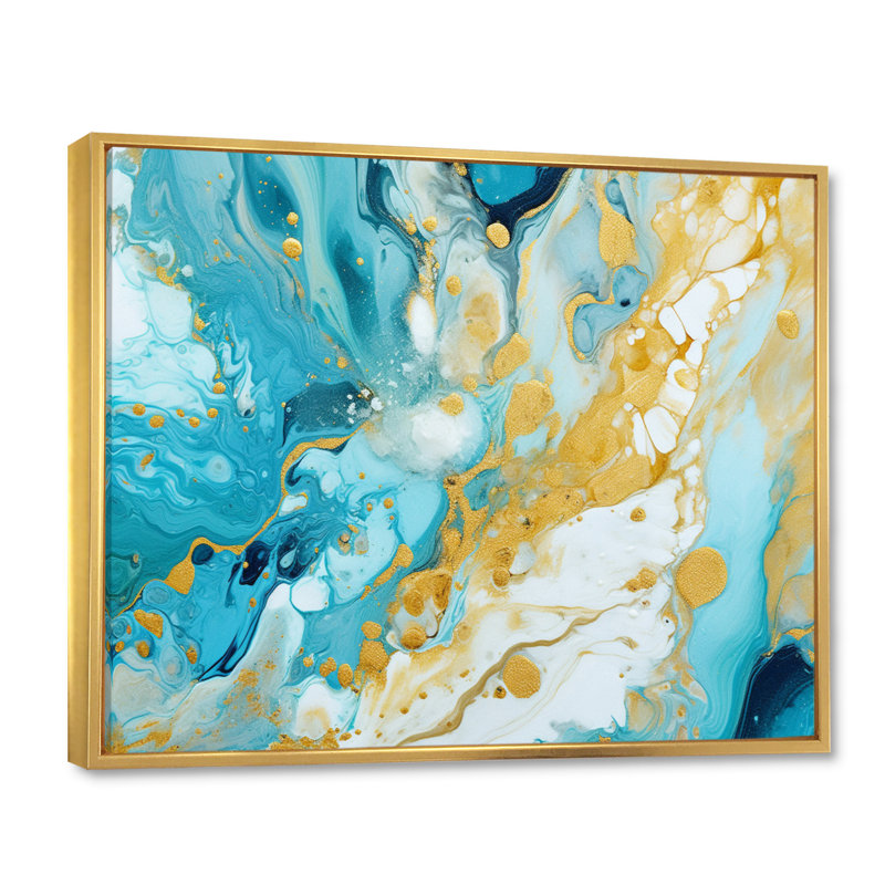 Turquoise luxueux, art fluide abstrait sur toile, Cadre flottant doré, H 34 po x l 44 po x P 1,5 po