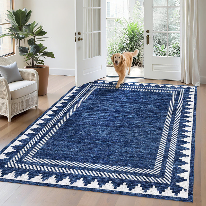 Tapis lavable Geometic Border, Blue, Rectangle 5 pi x 7 pi