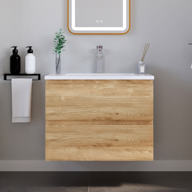 24" Wall-Mounted Bathroom Vanity with Sink Floating Bathroom Vanity Cabinet with 2 Drawers,Easy Opening and Closing,Nature
