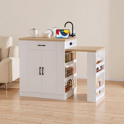 Îlot de cuisine extensible blanc avec tiroirs de rangement, armoires à deux portes et tablettes ouvertes - Table de salle à manger, bar et salon de thé polyvalents