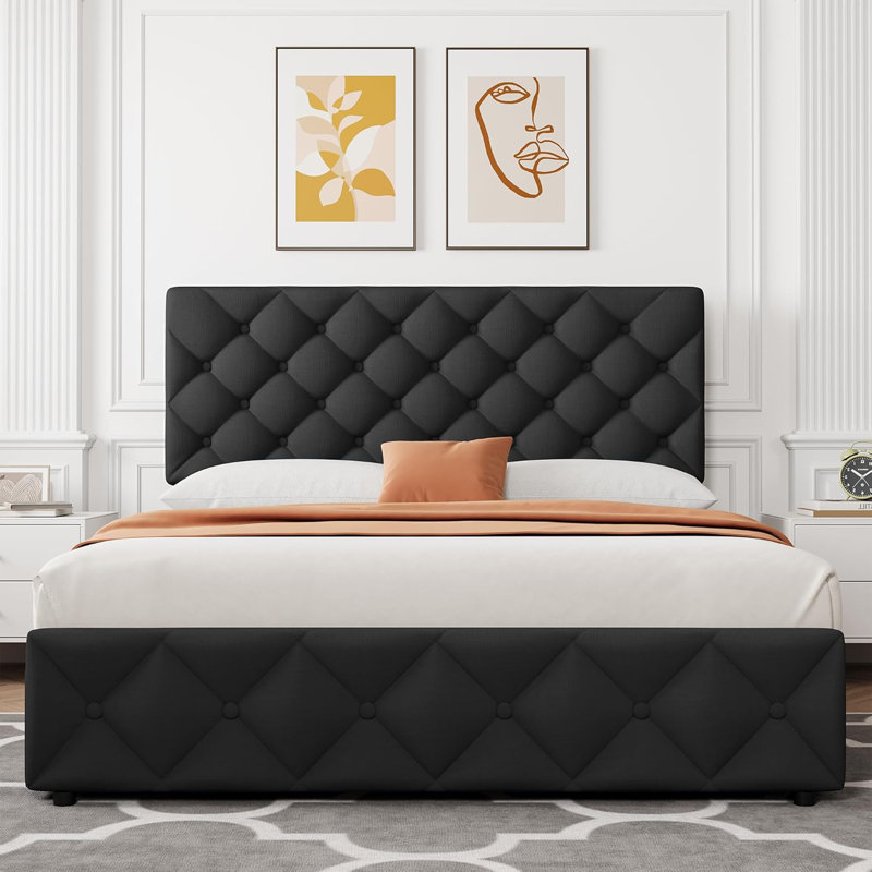 Queen Upholstered Bed Frame, 4 Storage Drawers, Tufted Headboard & Footboard, Wooden Slats, No Box Spring, Black, Black