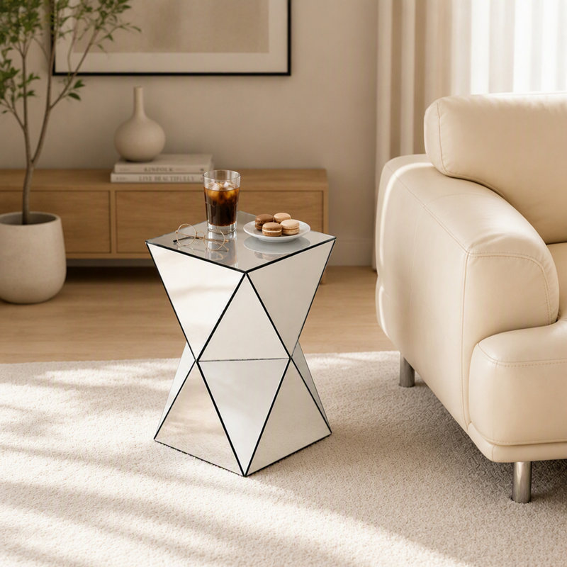 Table d'appoint géométrique argentée avec miroir, table de chevet moderne et luxueuse