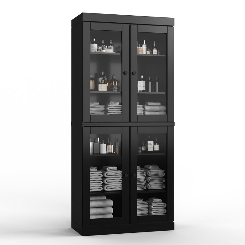 32" 100% Solid Wood Freestanding Bathroom Cabinet with Clear Glass Doors & Adjustable Shelves – Modern Bathroom Storage