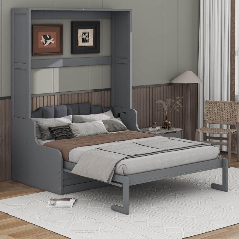 Grand lit escamotable mural avec coussin, gris