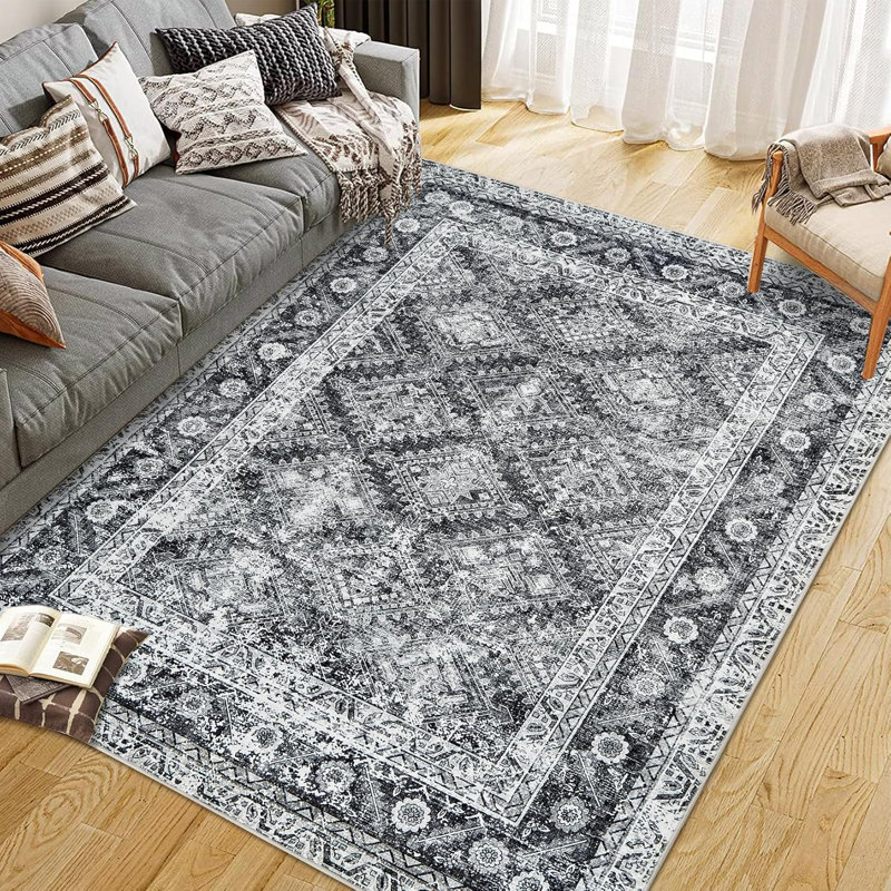 Tapis lavables pour le salon Boho rétro pour le bureau, salle à manger, chambre d'enfant et maison de campagne, tapis antidérapant à poils courts, gris