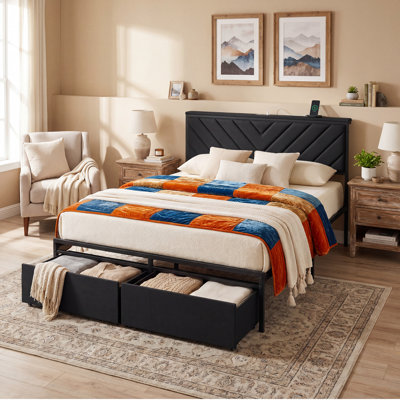Charging Station Metal Platform Bed Frame with Upholstered Storage Headboard & Shelf