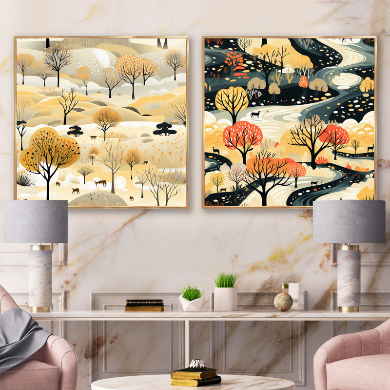 Beige et crème Safari Adventure Tree Landscape, Cadre flottant doré, H 36 po x l 73 po