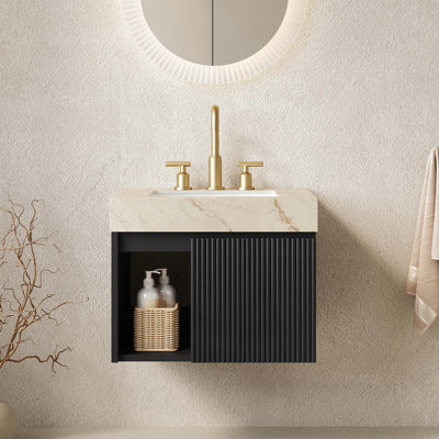 Meuble-lavabo suspendu avec comptoir en pierre frittée et lavabo en céramique, 3 trous pré-percés pour robinetterie