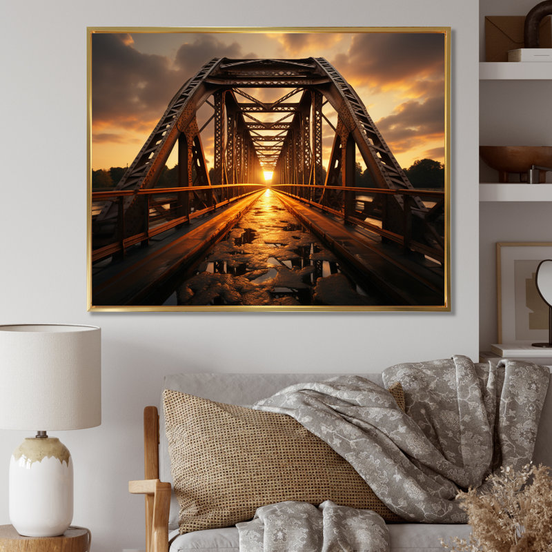 Pont jaune à l'aube II - reproduction d'art sur toile, H 30 po x l 40 po x P 1,5 po, Cadre flottant doré