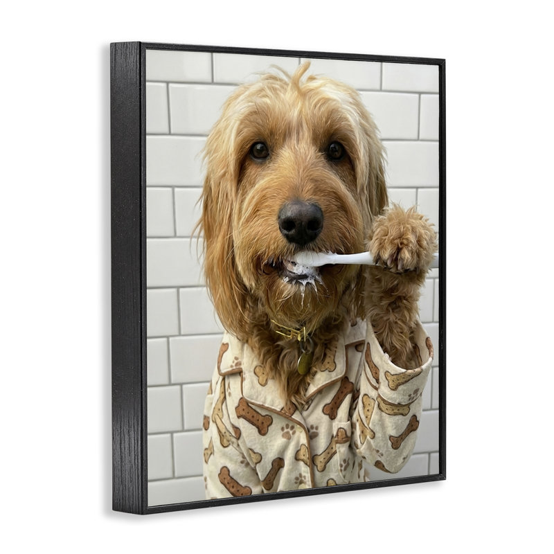 Giclée réaliste de chien brossé à dents, design par Abigail Walker, 14 x 11, Midnight Black Giclee Framed