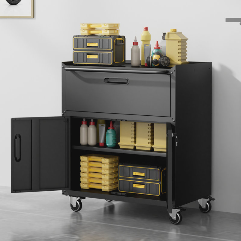 29.5" Wide Rolling Metal Garage Cabinet with Drawer and Adjustable Shelf, Locking Storage Cart for Workshop and Garage, Black