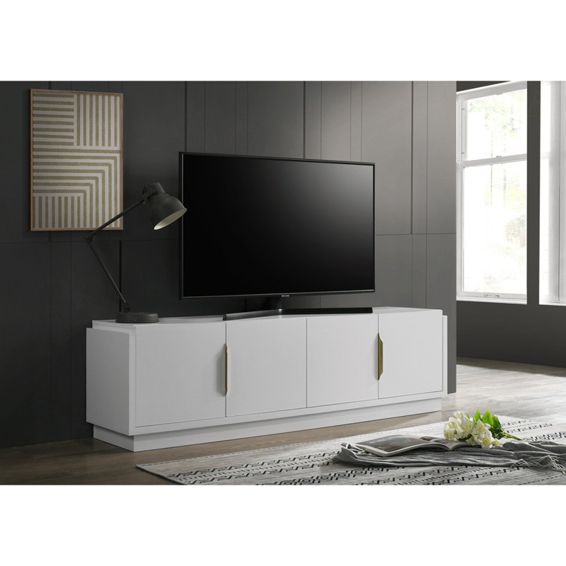 Meuble télé blanc de 60 à 69 po avec 4 portes, tablette réglable et 4 portes à fente pour câble, dispositif de retenue anti-basculement