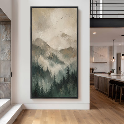 Grande toile murale encadrée, décor de paysage de forêt de montagne brumeuse - 60 po x 20 po, 60 po x 30 po