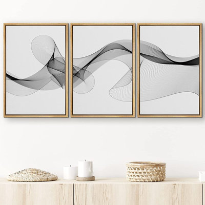 Black and White Smoke Ribbons Minimalist Modern Framed On Canvas Wall Art 3 Pieces Painting Print -  SIGNLEADER