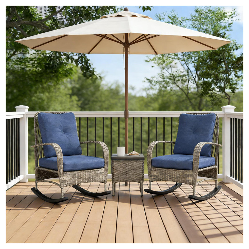 Ensemble de mobilier de patio 3 pièces en osier avec table carrée et deux chaises, ensemble bistro extérieur gris ou bleu clair