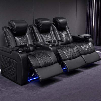 Fauteuil inclinable électrique 3 places noir de 237 cm (93,3 po), confectionné en cuir Nappa pleine fleur, entièrement réglable avec soutien lombaire, chargeur intelligent, éclairage DEL, conçu pour la relaxation, ports, accoudoirs à piston pneumatique dynamique et rangement