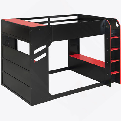 Lit mezzanine double en bois pleine grandeur avec bureau à hauteur réglable, tiroirs, compartiments de rangement, tringle à suspension et lumières RVB, rouge (OLD SKU: LT000288AAR)