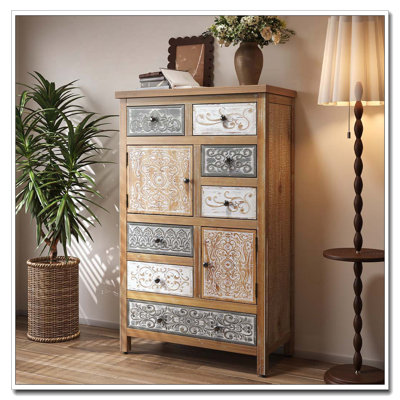 Commode décorative avec 6 tiroirs et 2 portes, coffre de rangement sculpté multicolore rustique