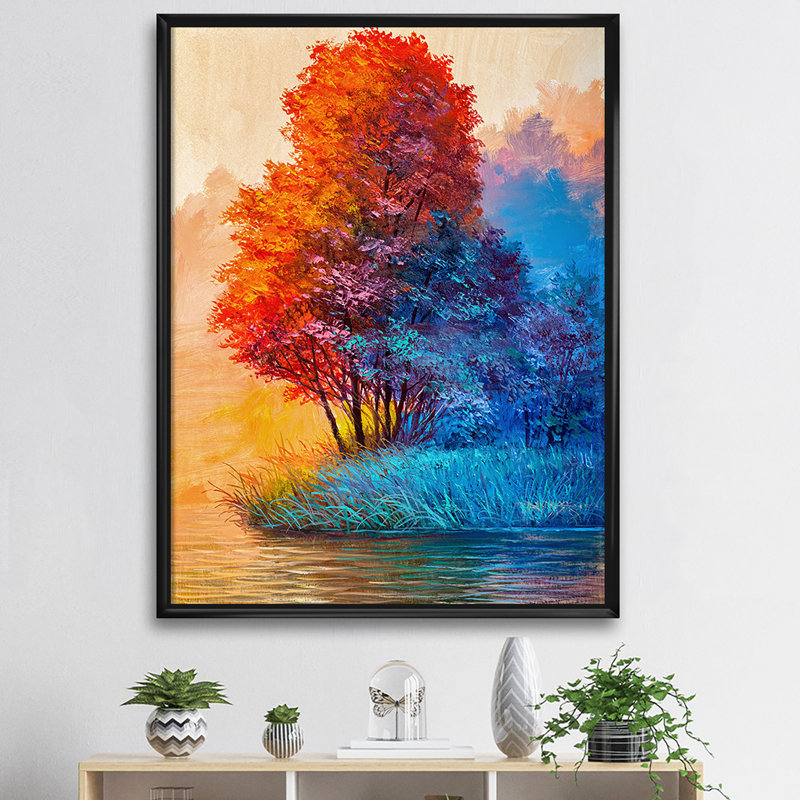 «Autumn Colored Forest Treescape VI», reproduction d'art sur toile, H 32 po x l 24 po x P 1 po, Toile avec cadre noir