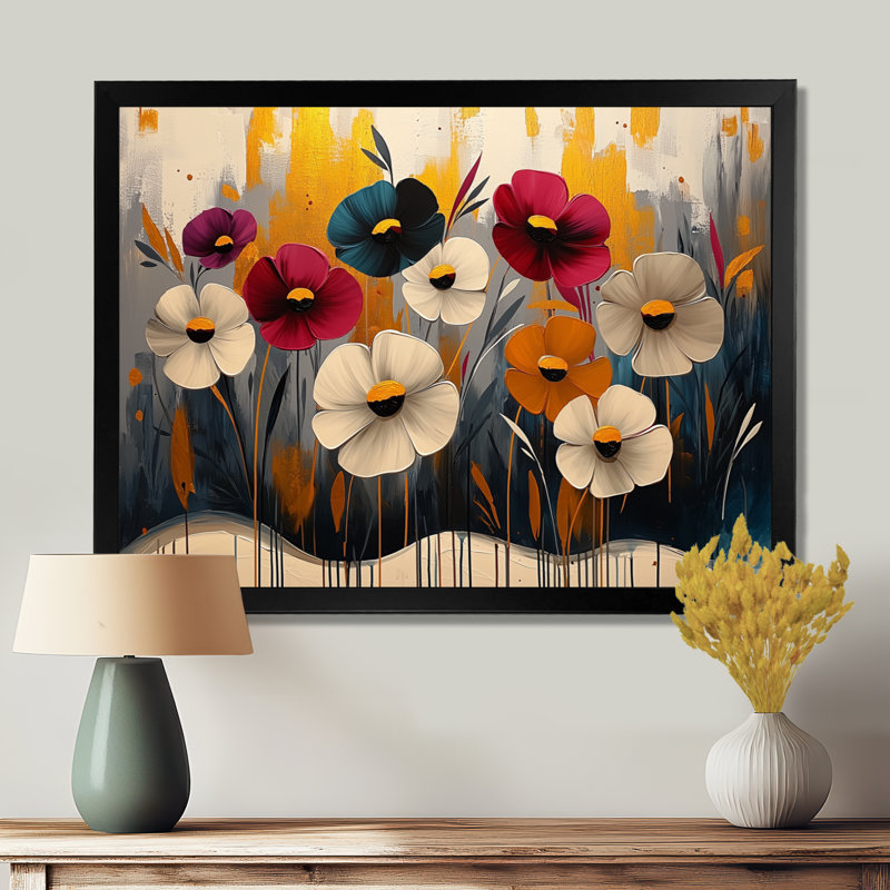 Art floral rouge et bleuet, Cadre simple, Noir, H 12 po x l 20 po