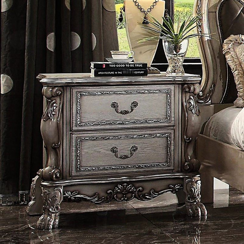 Table de chevet 2 tiroirs en blanc rétro - Fabrication en bois massif avec ornements élégants pour les tiroirs de style chambre à coucher, incrustation