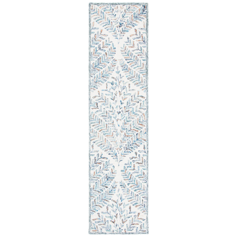 Ikat Handmade Tufted Wool Ivory/Blue Area Rug, Runner 2'3" x 8'