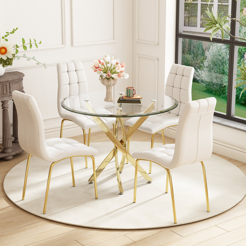 5 - Piece Pedestal Dining Set, Gold, White/Gold