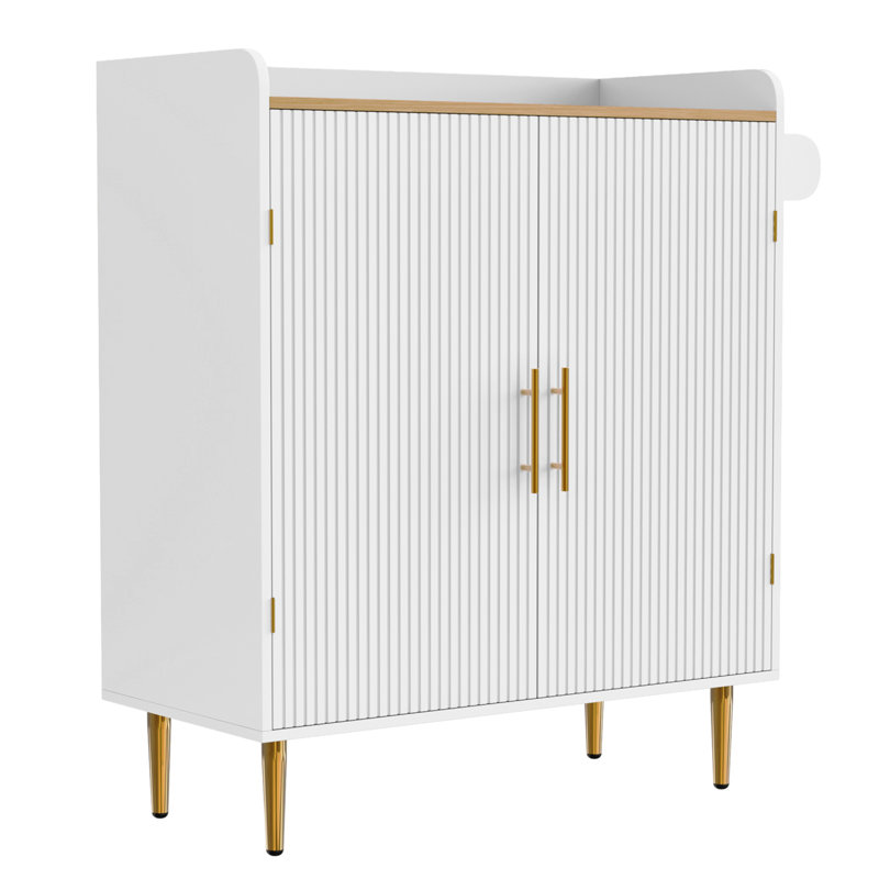 Buffet élégant avec texture rainurée, porte-bouteilles et tiroirs dissimulés, Blanc