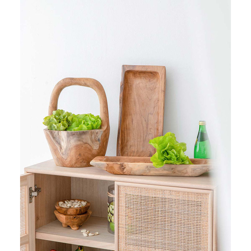 Plateau en bois de teck fabriqué à la main 19 po x 5 po avec finition brun naturel, plateau décoratif rustique pour le service, l'organisation ou la présentation de la pièce maîtresse