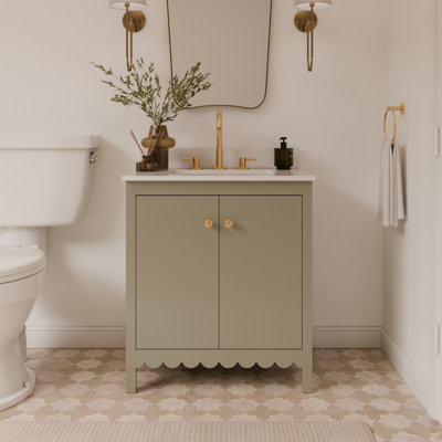 Meuble-lavabo simple festonné 30 po - Satin olive - Avec plateau - Boutons dorés
