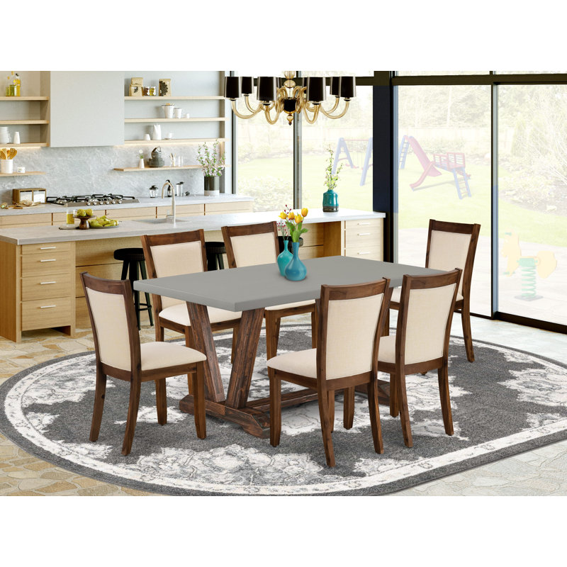 7-Piece Dining Room Table Set Contains a Cement Mid Century Table and 6 Light Beige Linen Fabric Modern Chairs with High Back - Distressed Jacobean Finish