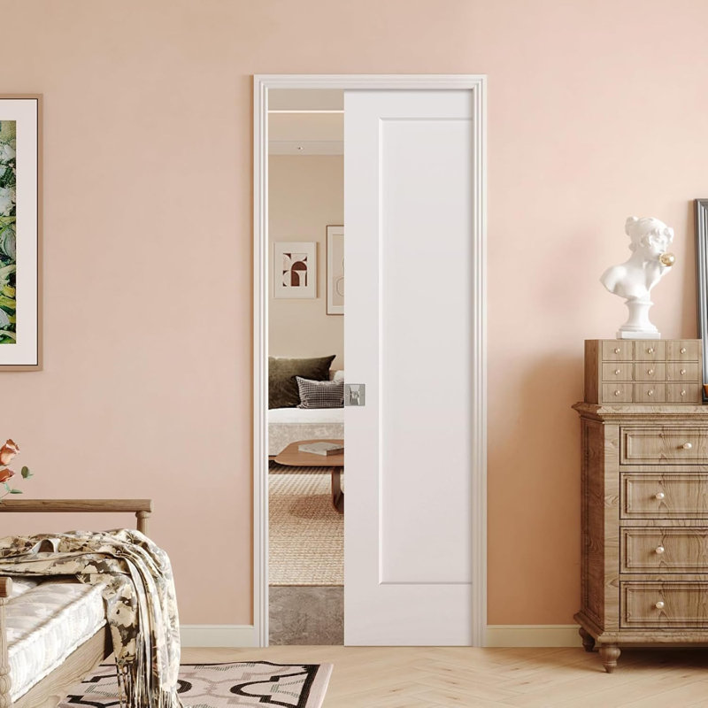 Porte de porte coulissante 30 po x 80 po à 1 panneau blanc lisse et moulé à noyau creux avec passe-tringle et serrure d'intimité en nickel teinté