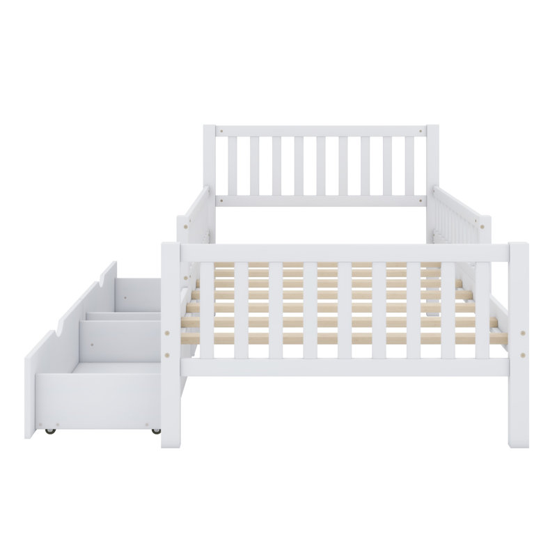 Lit plateforme en bois avec garde-corps des deux côtés et deux tiroirs de rangement, Blanc