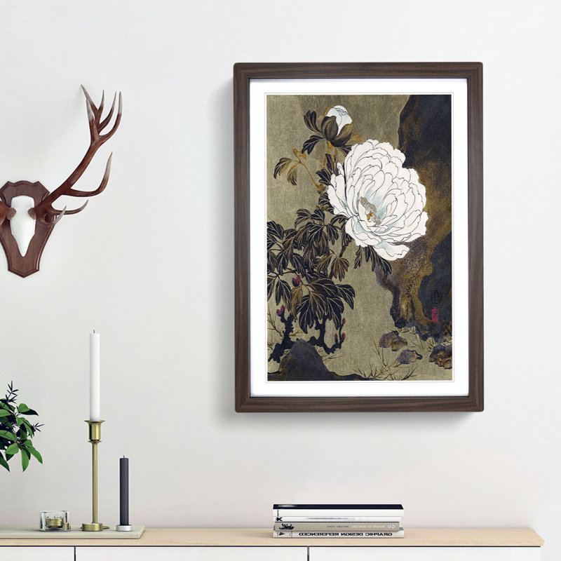 A Peony Flower by Shibata Zeshin - Picture Frame Painting Print on Paper, Walnut  Bordered Framed, 63cm H x 45cm W x 2cm D