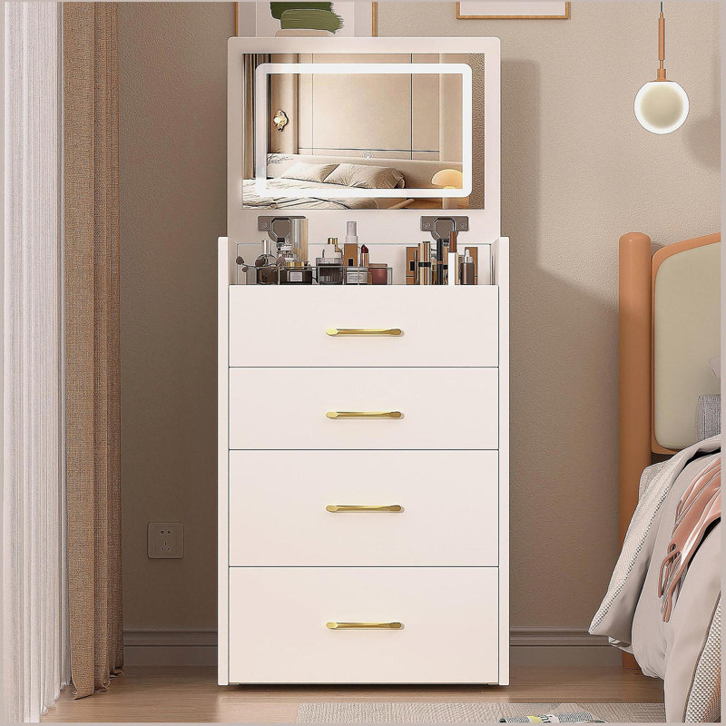 Bureau de coiffeuse 3 en 1 avec miroir ouvert, petit ensemble de coiffeuse avec bureau en verre visible, coiffeuse de maquillage compacte avec 3 tiroirs, coiffeuse pour chambre à coucher