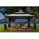 Alexander Dark Brown Double Roof Hardtop Gazebo with Curtain and Mosquito Netting