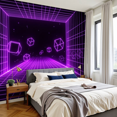 Papiers peints néon à peler et coller Tunnels de néon à motif de cubes flottants, futuriste, espace cybernétique mauve, papier peint amovible en PVC, H 100 po x l 144 po, pour chambre à coucher, bureau à domicile, bureau à domicile